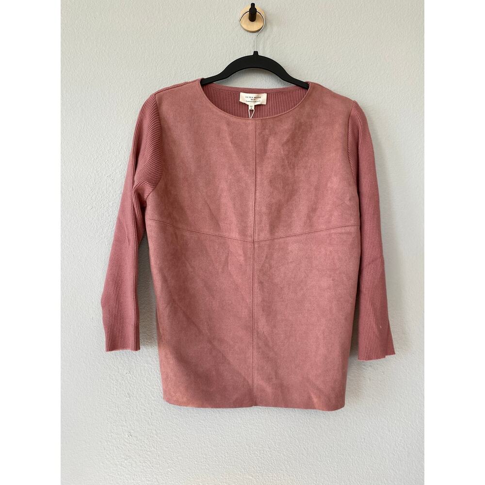 La Vila Milano M Sunset Pink Faux Suede Ribbed Knit Sweater Top NWT Minimalist